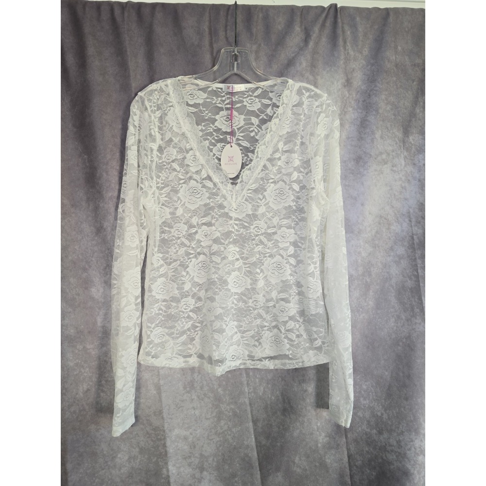Avidlove White Sheer Lace Top Size XL NWT Long Sleeve Sheer Floral V-Neck Blouse